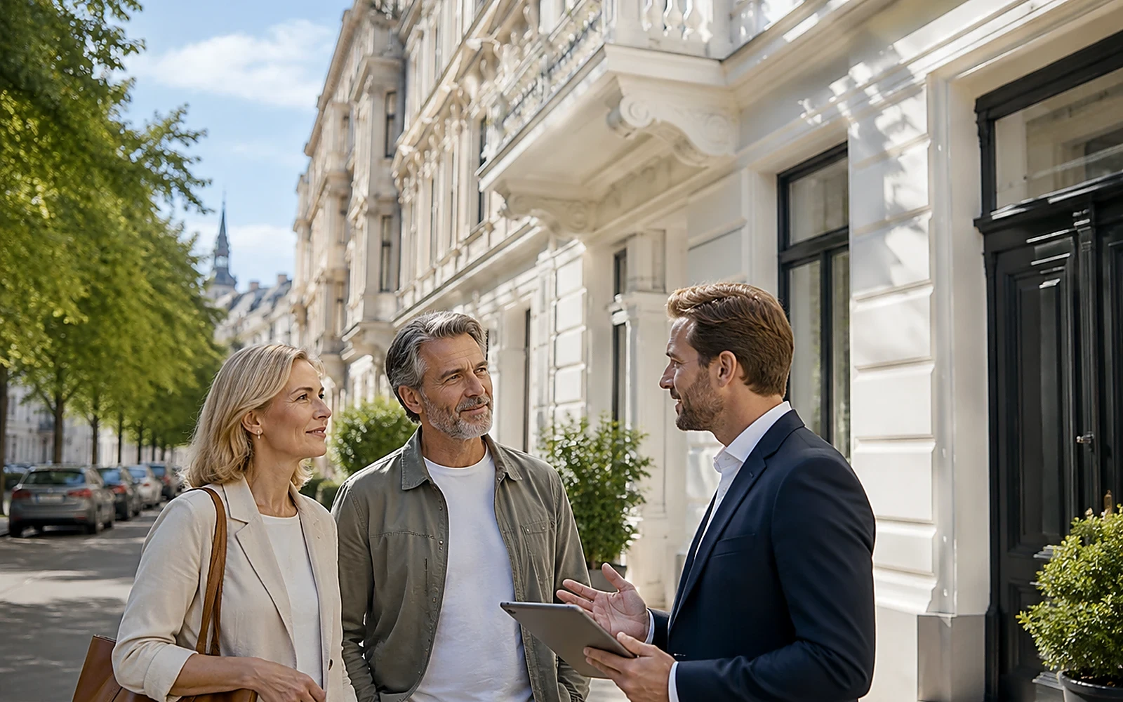 Berater im Gespräch mit Eigentümern vor einer Stadtimmobilie