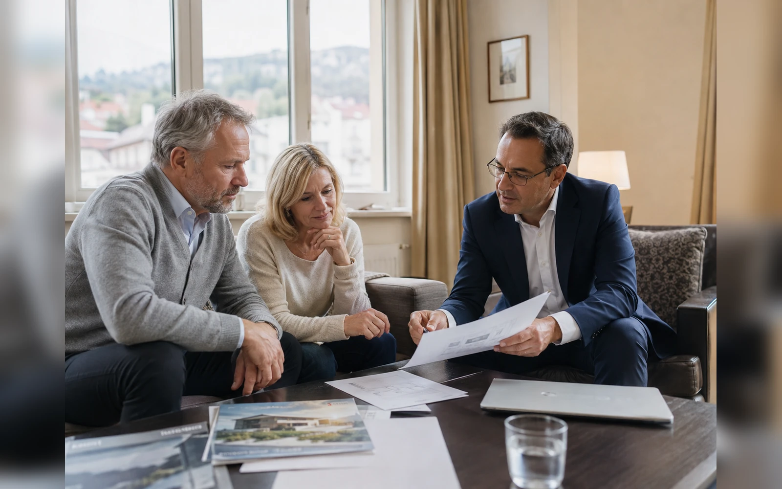Eigentümer besprechen ihr Immobilienanliegen mit einem Berater in einem hellen Wohnraum