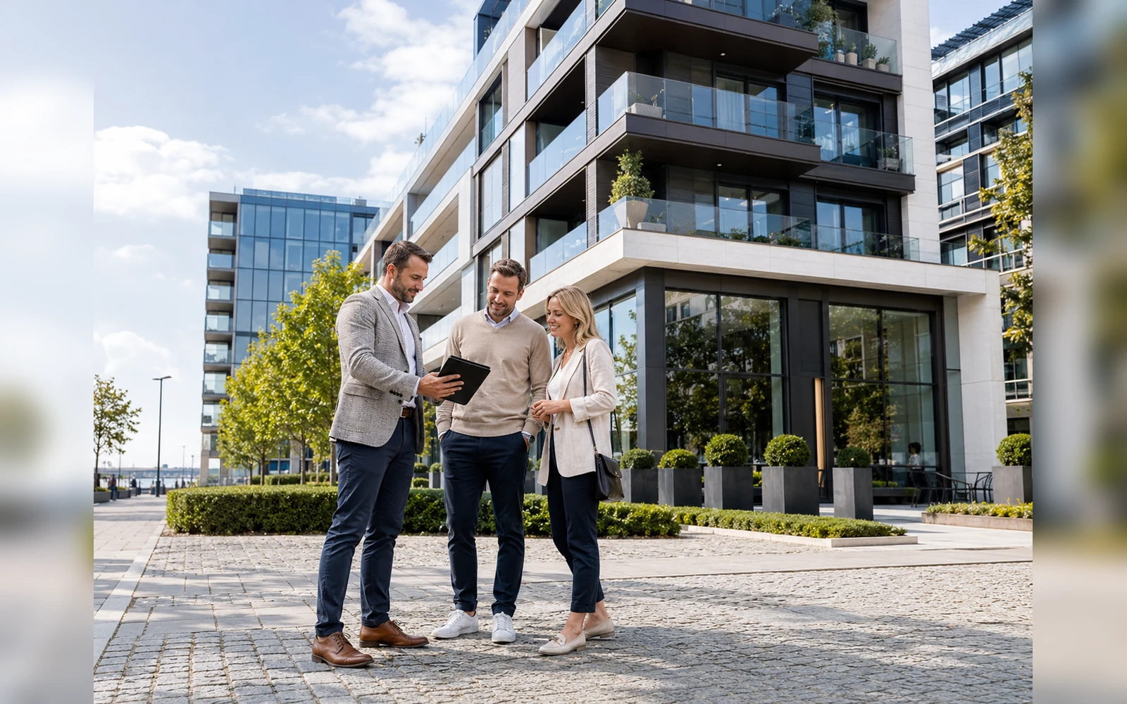 Drei Personen besprechen ein Immobilienanliegen auf einem modernen Stadtplatz